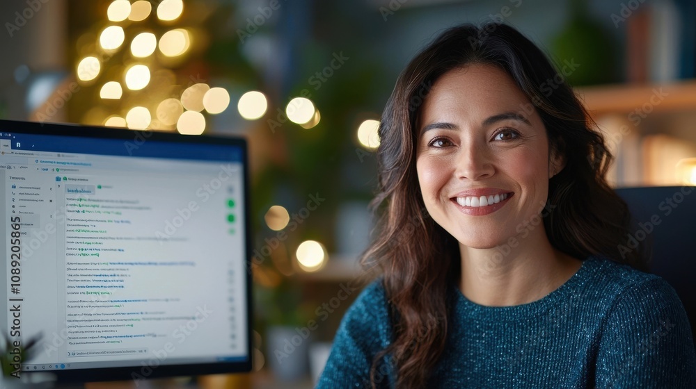 Confident and cheerful young professional woman happily working at her laptop computer in a cozy festive home office setting with a Christmas tree and twinkling lights in the background