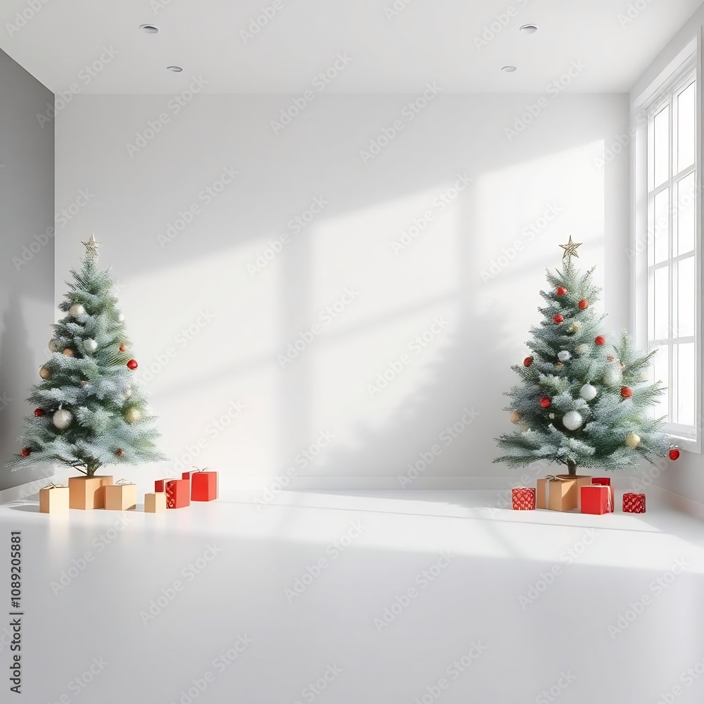 Two Christmas Trees with Presents in a White Room Two Christmas Trees with Presents in a White Room