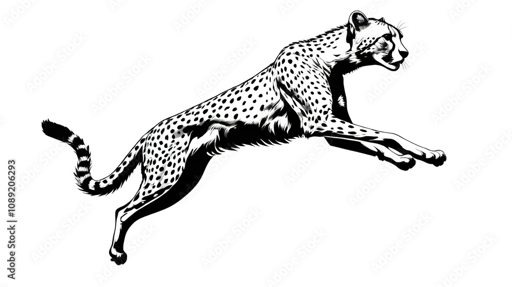 Fototapeta premium Powerful cheetah jump design in black silhouette style, isolated cleanly on a white background for versatile use. 