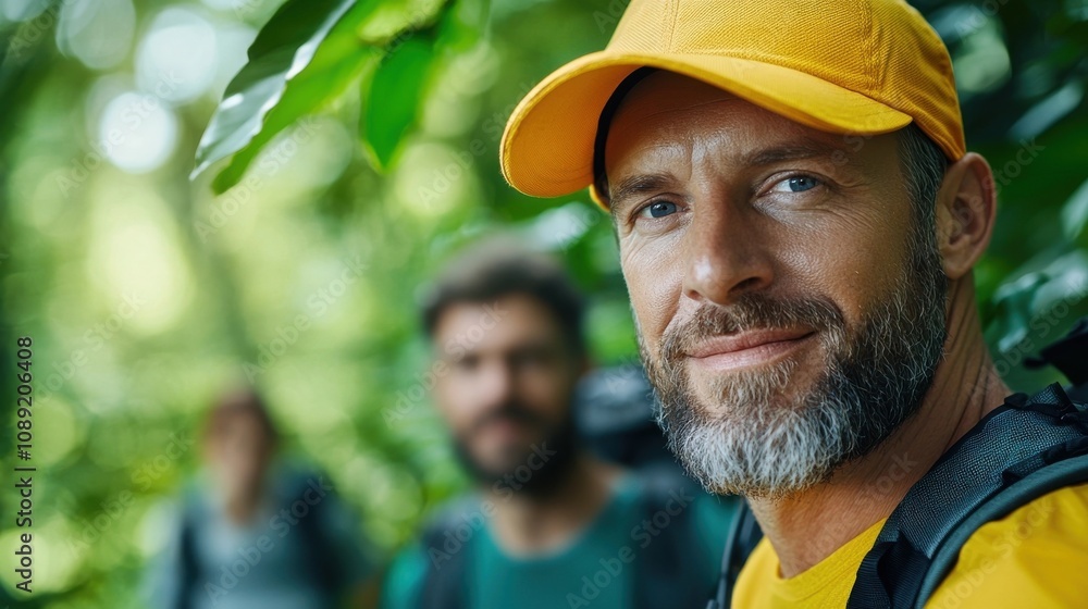 Bearded man in a yellow cap standing in a lush green forest environment looking thoughtful and content as he takes in the natural surroundings Concept of outdoor a connection with nature Bearded man in a yellow cap standing in a lush green forest environment looking thoughtful and content as he takes in the natural surroundings Concept of outdoor a connection with nature