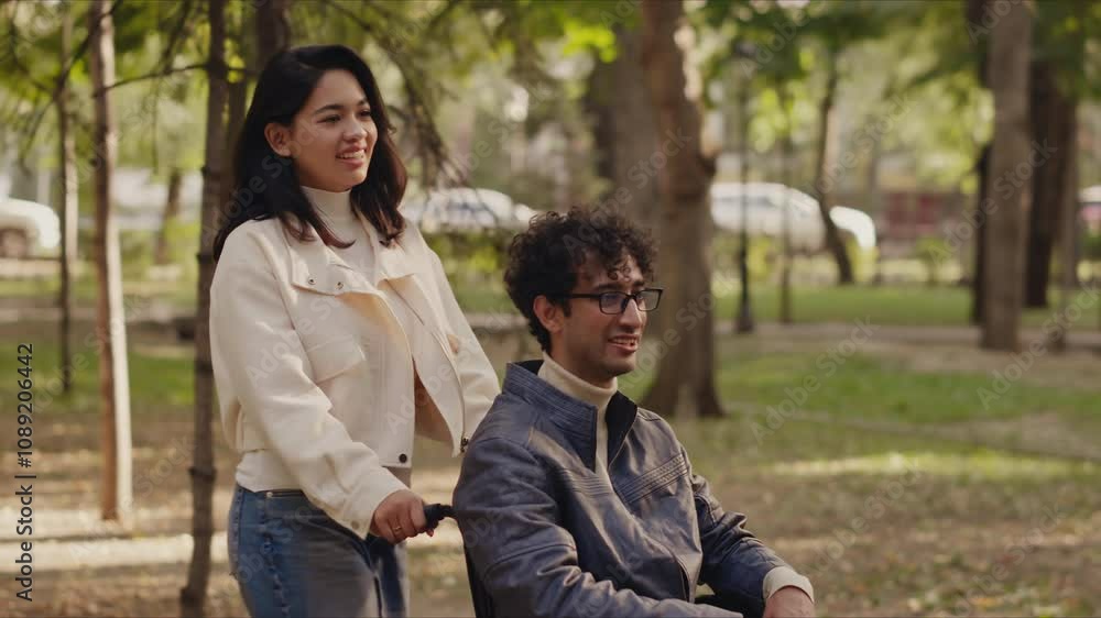 Young woman pushing boyfriend in wheelchair in park Young woman pushing boyfriend in wheelchair in park