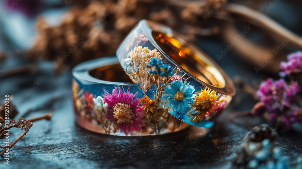 Closeup of handmade resin rings with preserved flowers and gold details on a rustic background Closeup of handmade resin rings with preserved flowers and gold details on a rustic background