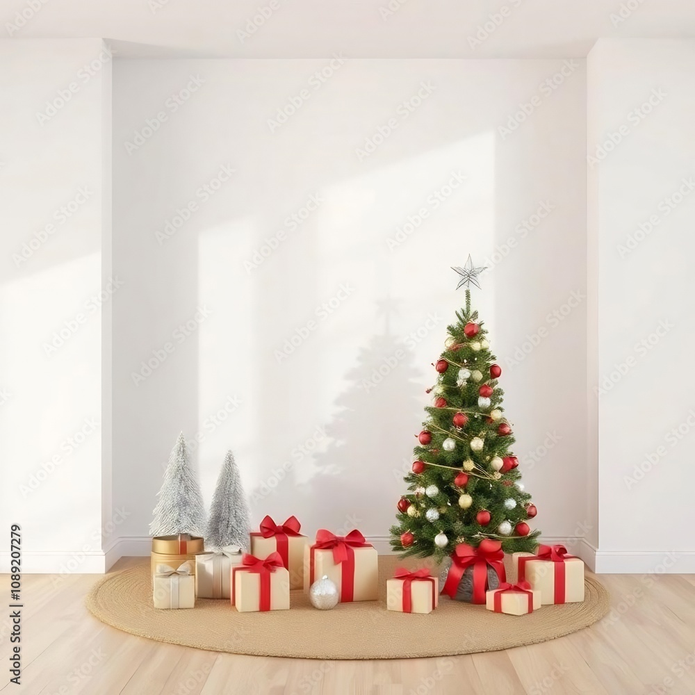 Christmas tree with presents in a minimalist white room Christmas tree with presents in a minimalist white room