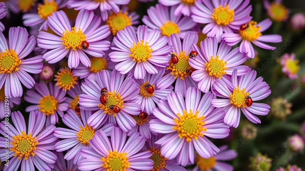 Fototapeta premium A cluster of tiny ladybugs on a bed of soft, velvety purple flowers with golden centers and delicate petals, floral, botanical