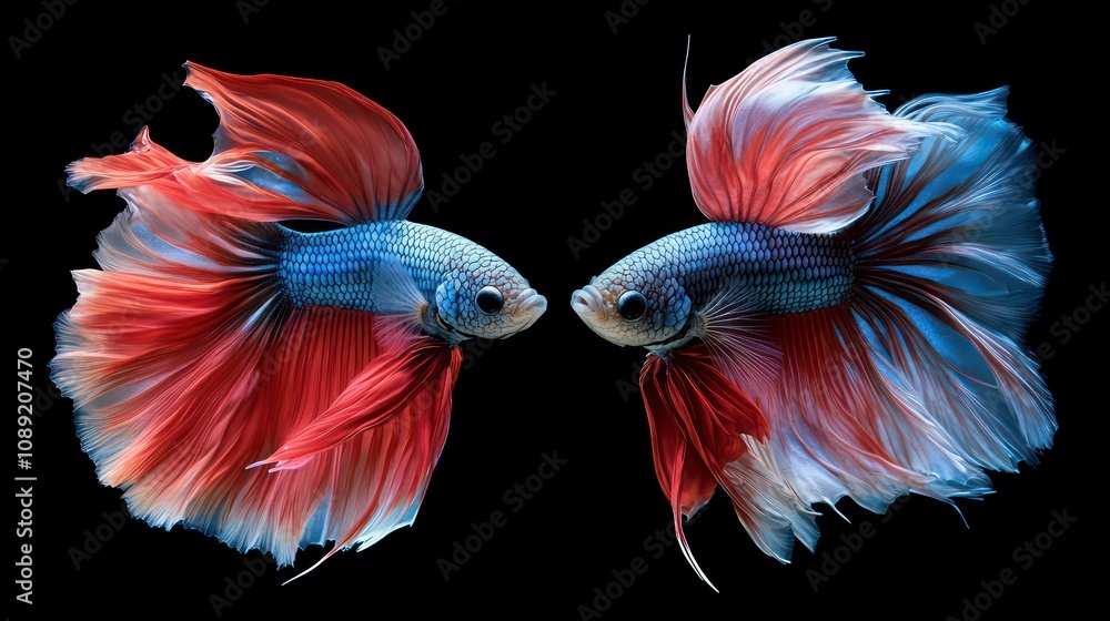 Two colorful Siamese fighting fish facing each other with their fins spread out against a black background. Two colorful Siamese fighting fish facing each other with their fins spread out against a black background.