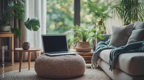 Cozy and Inviting Home Office Setup with Laptop on Circular Ottoman Surrounded by Green Plants and Natural Light Streaming Through Large Windows