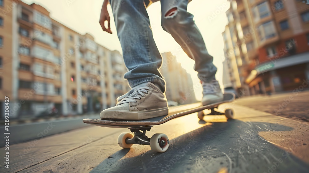 Obraz premium A person skating on a skateboard in an urban setting during sunset.