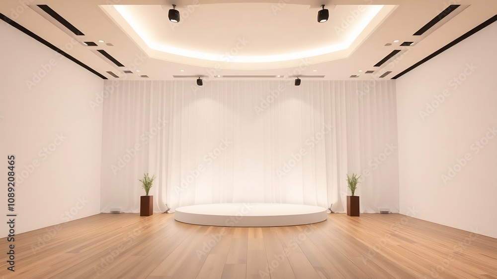 Modern Minimalist Studio with White Curtains and Spotlight for Product Photography Modern Minimalist Studio with White Curtains and Spotlight for Product Photography