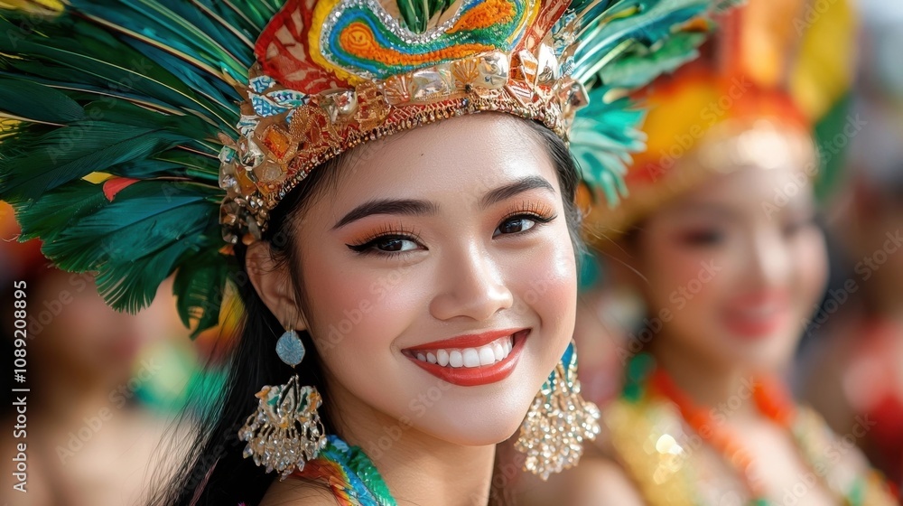 Portrait of a smiling woman wearing a vibrant colorful feathered headdress and ornate traditional tribal costume She is posing with a confident joyful expression Portrait of a smiling woman wearing a vibrant colorful feathered headdress and ornate traditional tribal costume She is posing with a confident joyful expression