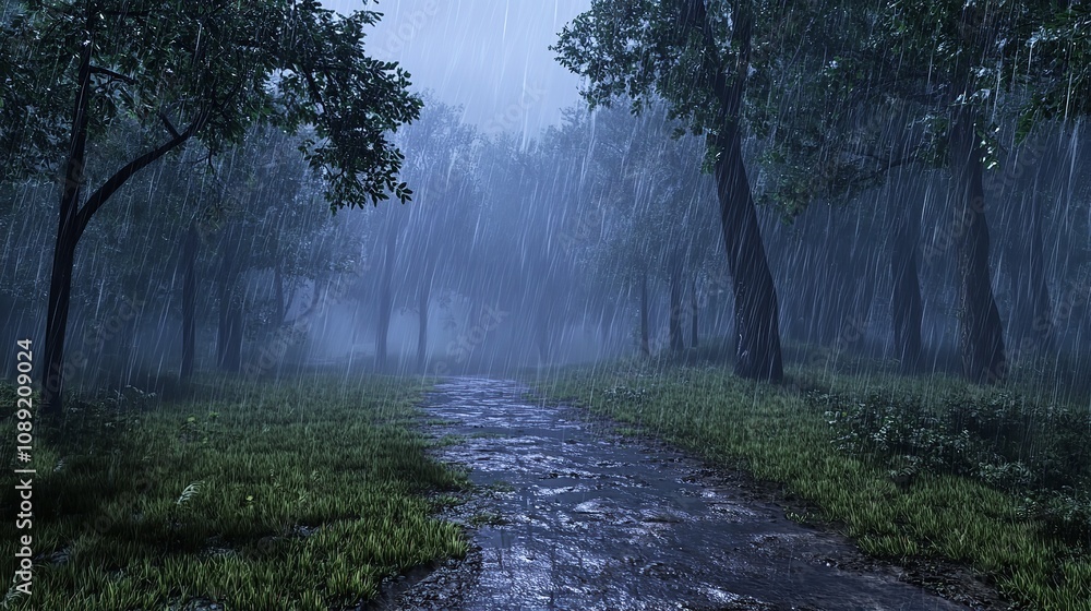 A Remote Forest Trail During a Rainstorm at Dusk A Remote Forest Trail During a Rainstorm at Dusk