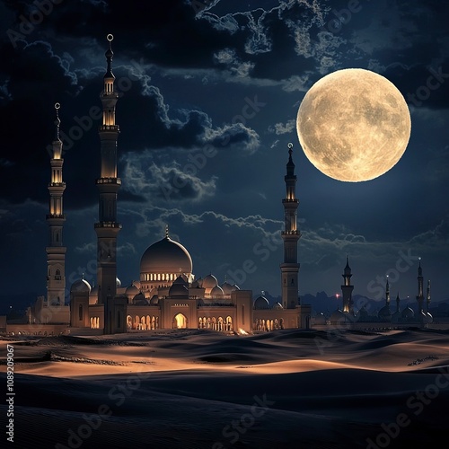 nighty al masjid al nabawi and camals in deserts, moon is almost full, dark night atmosphere, magical spiritual light from al masjid to the sky, real images, real details, generative ai photo