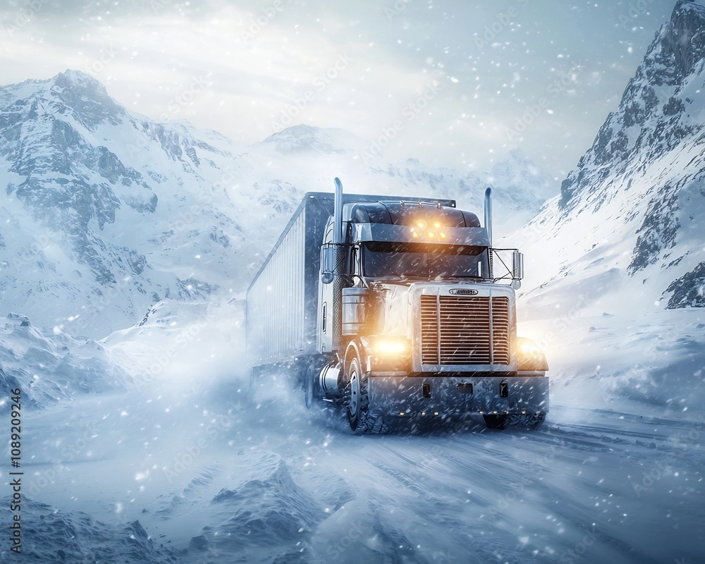 Rugged Semi Truck Driving Through Snow Covered Mountain Pass in Blizzard Conditions Rugged Semi Truck Driving Through Snow Covered Mountain Pass in Blizzard Conditions