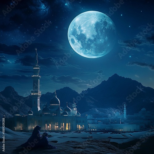 nighty al masjid al nabawi and camals in deserts, moon is almost full, dark night atmosphere, magical spiritual light from al masjid to the sky, real images, real details, generative ai photo