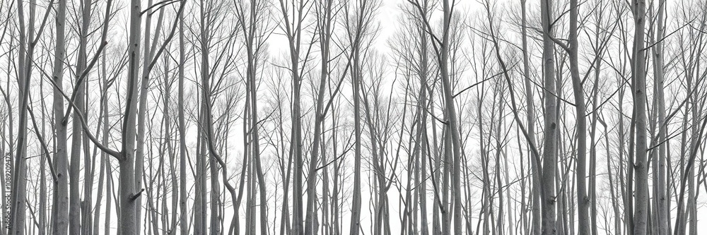 Obraz premium A dense forest of slender gray tree branches against a monochromatic white background, monochromatic, evergreen trees, tree branches