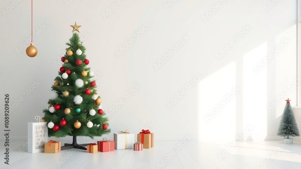 Christmas Tree in a White Room with Gifts and Ornaments Christmas Tree in a White Room with Gifts and Ornaments
