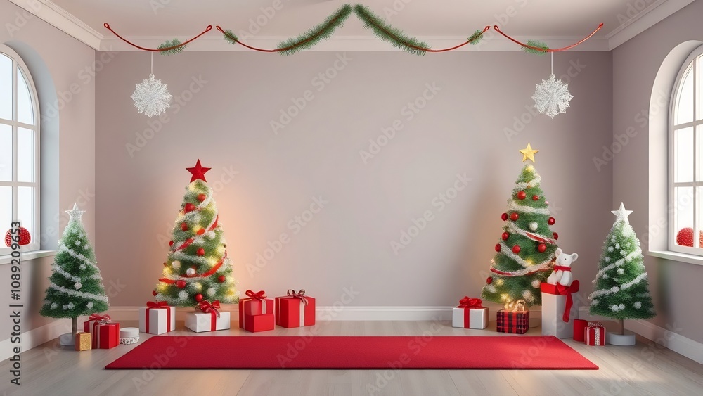 Christmas Room Interior with Decorated Trees and Presents Christmas Room Interior with Decorated Trees and Presents
