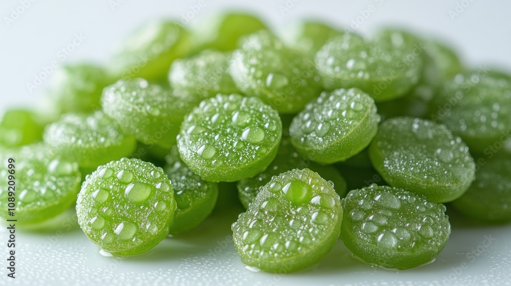 Close-up of dew-covered green round candies. Close-up of dew-covered green round candies.