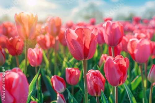 Amazing white tulip flowers blooming in a tulip field, against the background of blurry tulip flowers in the sunset light. Neural network ai generated art