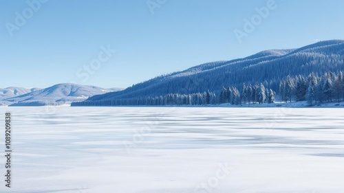 A frozen lake under a clear blue sky with snow-covered trees and hills in the background, snow, frosty landscape