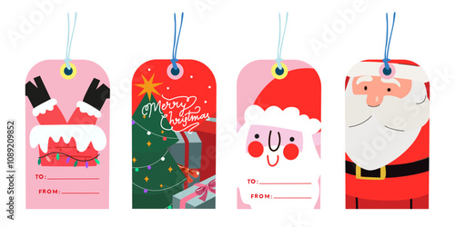 Printable festive labels for hanging on gifts. Set of winter holiday labels with greetings. Vector winter elements, Christmas tree, Santa Claus, gifts and Xmas and New Year decorations