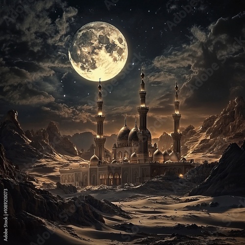 nighty al masjid al nabawi and camals in deserts, moon is almost full, dark night atmosphere, magical spiritual light from al masjid to the sky, real images, real details, generative ai photo