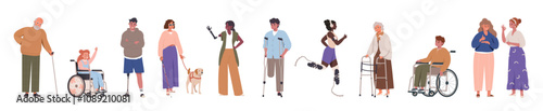 Set of disabled diversity people together. Collection inclusive people vector cartoon illustration in a flat style. World disability day. Man in a wheelchair, blind, people with prosthesis, canes.