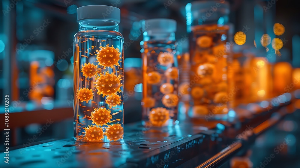 A modern microbiology lab with transparent microbial cultures and glowing pathogen models A modern microbiology lab with transparent microbial cultures and glowing pathogen models