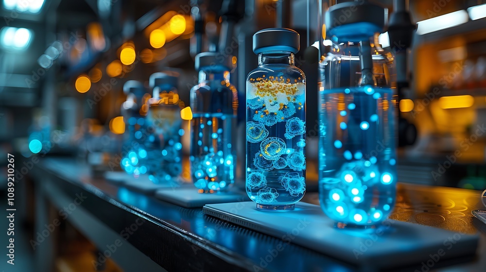 A modern microbiology lab with transparent microbial cultures and glowing pathogen models A modern microbiology lab with transparent microbial cultures and glowing pathogen models