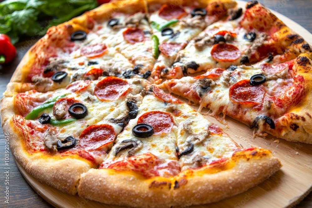 Delicious Pizza on Table Close Up Delicious Pizza on Table Close Up