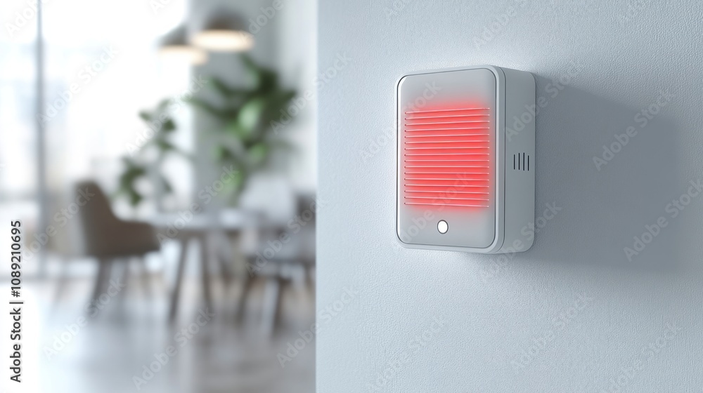 A modern motion detector with a glowing red light is mounted on a wall in a blurred, contemporary interior setting, indicating activated security.