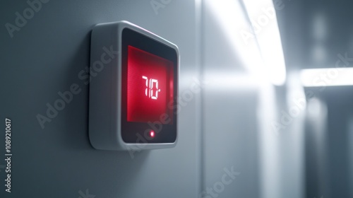 Digital thermostat on a wall displaying a temperature of 70 degrees Fahrenheit, indicating a controlled indoor climate.