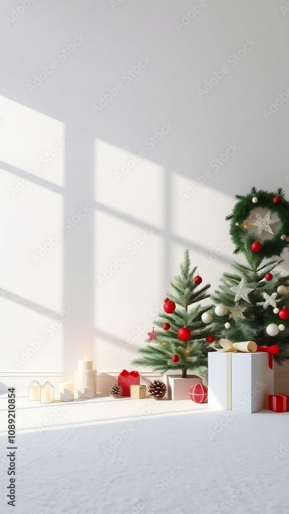 Christmas Tree and Gifts in a Room with a White Wall and Window Christmas Tree and Gifts in a Room with a White Wall and Window