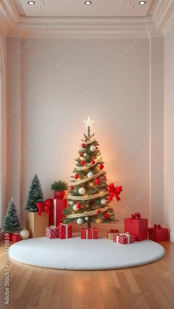 Decorated Christmas Tree with Gifts and White Fur Tree Skirt in a Room Decorated Christmas Tree with Gifts and White Fur Tree Skirt in a Room