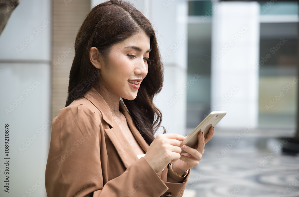 Happy cheerful smiling glad and successful young Asian office worker, business woman using smartphone with positive expression and success Happy cheerful smiling glad and successful young Asian office worker, business woman using smartphone with positive expression and success