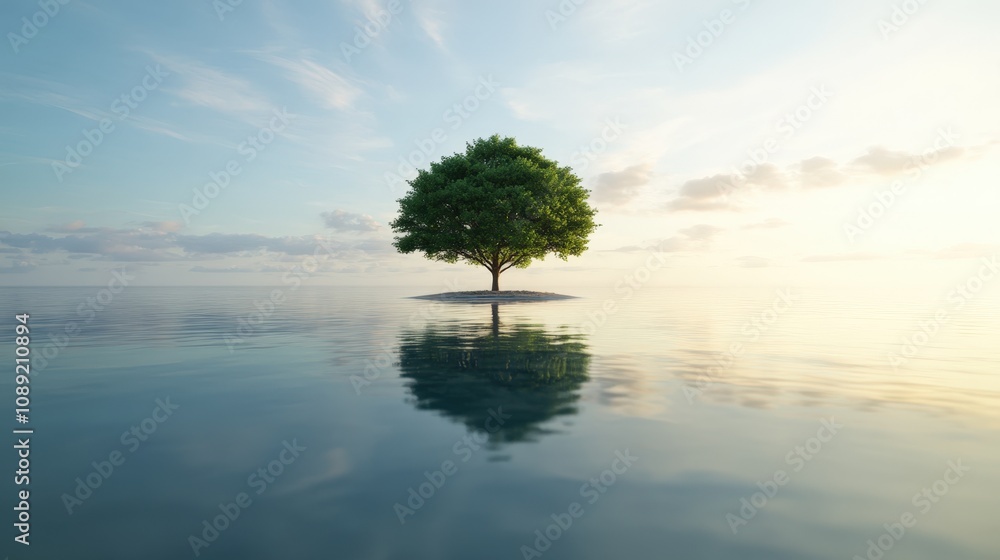 serene landscape with a solitary tree reflecting in calm water serene landscape with a solitary tree reflecting in calm water