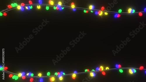 Abstract 3D horizontal winter backgrounds neon RGB led Merry Christmas lights bulb frame border event festive greeting card blank space glitter Happy New Year Navidad loop animation video wallpaper