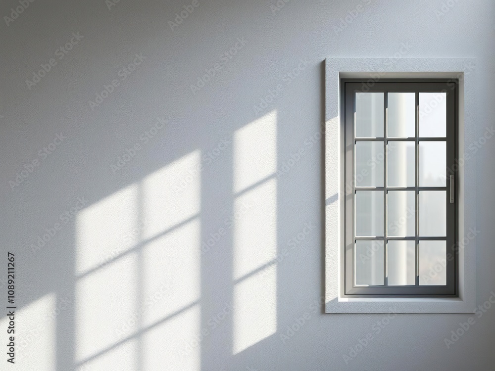 A large window to the right illuminates a light gray textured wall with subtle patterns, casting long shadows to the left, texture pattern, window view A large window to the right illuminates a light gray textured wall with subtle patterns, casting long shadows to the left, texture pattern, window view