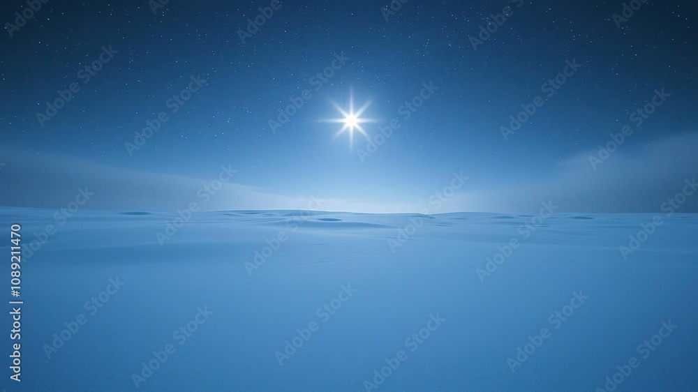 Fototapeta premium A lone star shines brightly in the vastness of a snow-covered landscape, celestial body, space