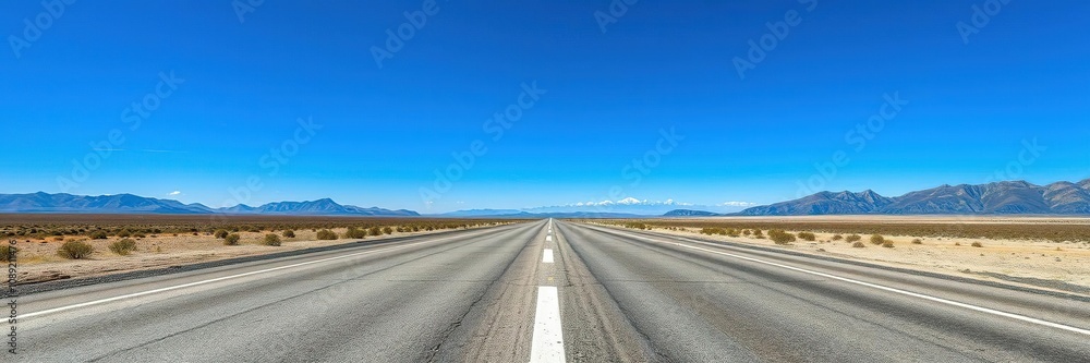 A long straight section of asphalt road with nothing but endless sky and mountains visible beyond the horizon, wide open spaces, blue sky, vastness A long straight section of asphalt road with nothing but endless sky and mountains visible beyond the horizon, wide open spaces, blue sky, vastness