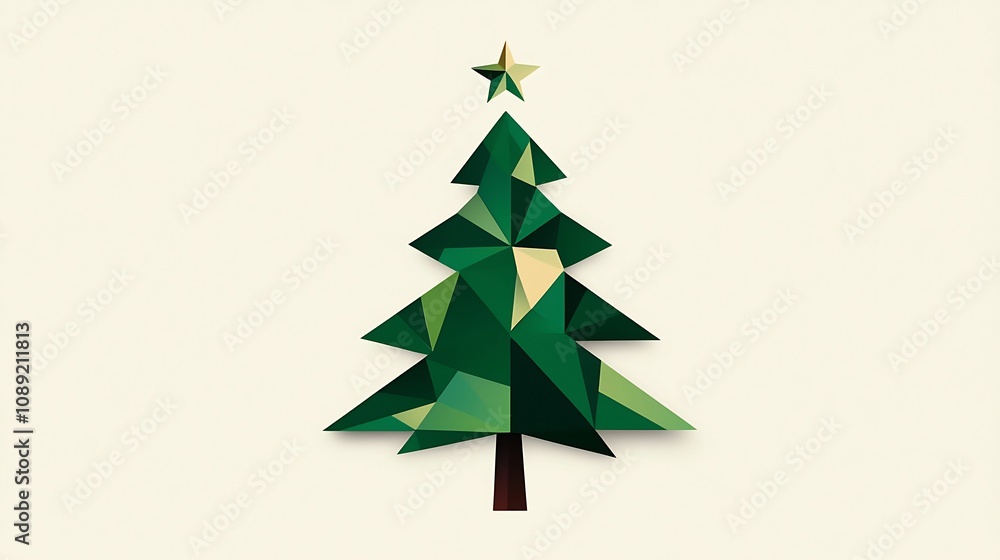 Obraz premium Christmas background design tradition minimalist. A geometric illustration of a Christmas tree in shades of green, topped with a golden star, set against a light background.