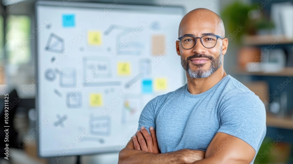 Confident and Successful Business Leader Strategizing and Planning with Whiteboard in Modern Corporate Office Setting Confident and Successful Business Leader Strategizing and Planning with Whiteboard in Modern Corporate Office Setting
