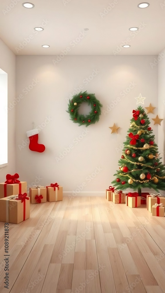 Christmas Interior with Decorated Tree and Gifts Christmas Interior with Decorated Tree and Gifts