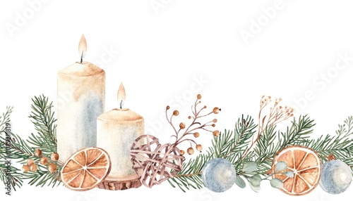 Christmas Advent Horizontal Watercolor seamless border pattern. Candles with Fir Branches and Eucalyptus. Orange slices and Wicker Toy Heart. Cozy home decoration in Rustic style. 