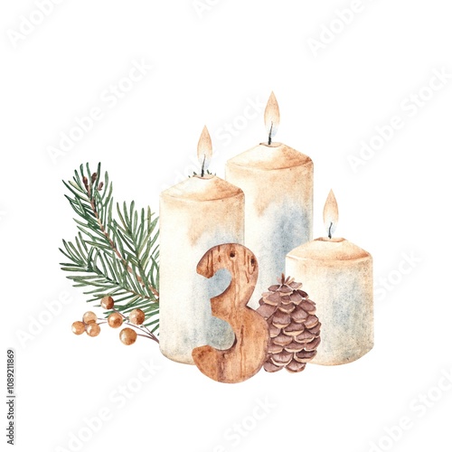 Third Advent, Christmas Candles Composition with Fir Branches, Winter Berries, Pine Cone and wooden Number Three. Hand drawn Botanical illustration isolated on white background. For Cards and Prints.