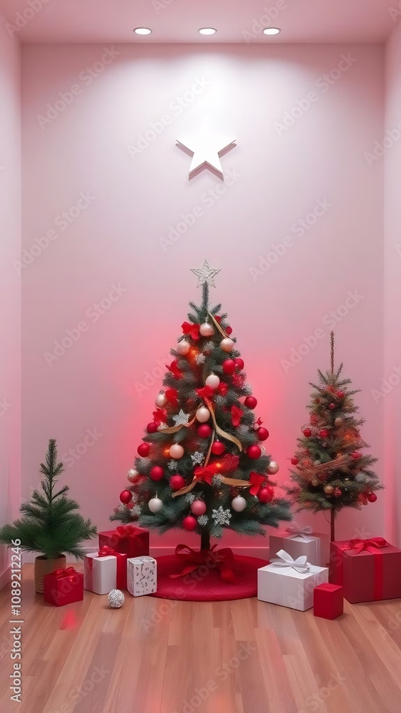 Christmas tree with red and white ornaments and a red skirt in a pink room Christmas tree with red and white ornaments and a red skirt in a pink room