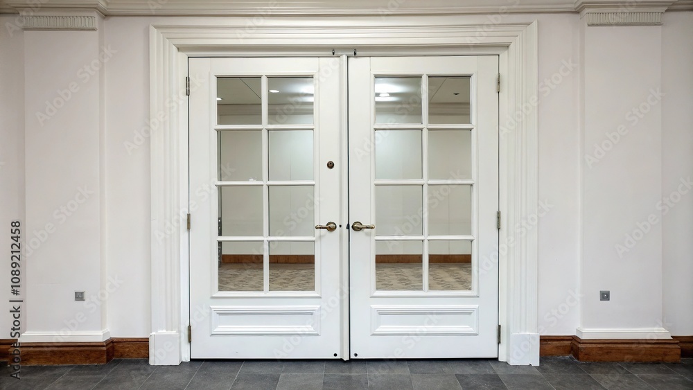 A minimalist white double door with a simple glass design, architectural feature, clean lines, urban feel, minimalist decor A minimalist white double door with a simple glass design, architectural feature, clean lines, urban feel, minimalist decor