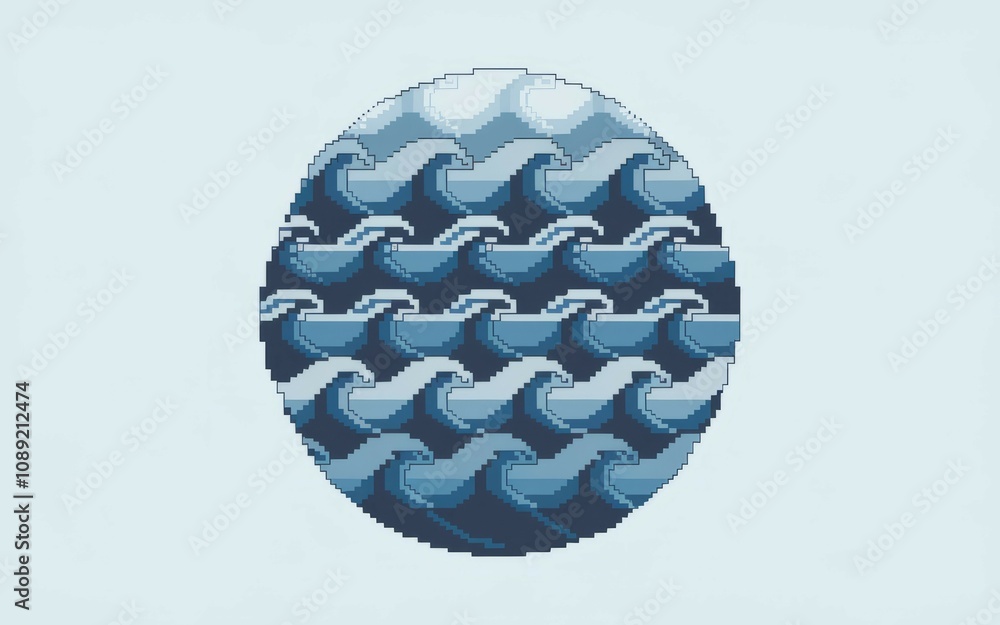 Pixel ocean waves circle. Serene blue pixel art depicting cyclical ocean waves. Symbolises continuous flow, nature's rhythm. Pixel ocean waves circle. Serene blue pixel art depicting cyclical ocean waves. Symbolises continuous flow, nature's rhythm.