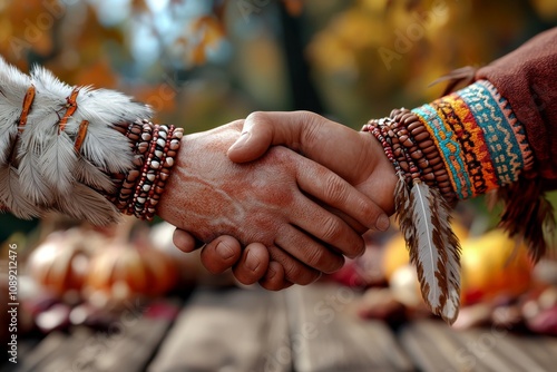 Hands Shaking Between Native American and Pilgrim Cultures