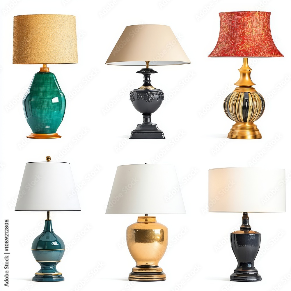 Collection of Table Lamps Front View on White Background Collection of Table Lamps Front View on White Background