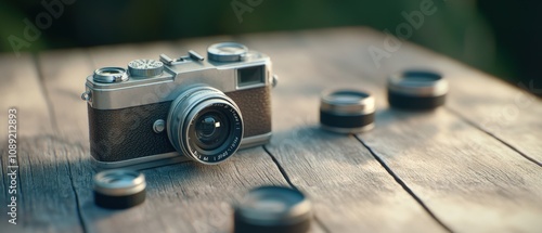 vintage camera on a wooden table with lens caps photo